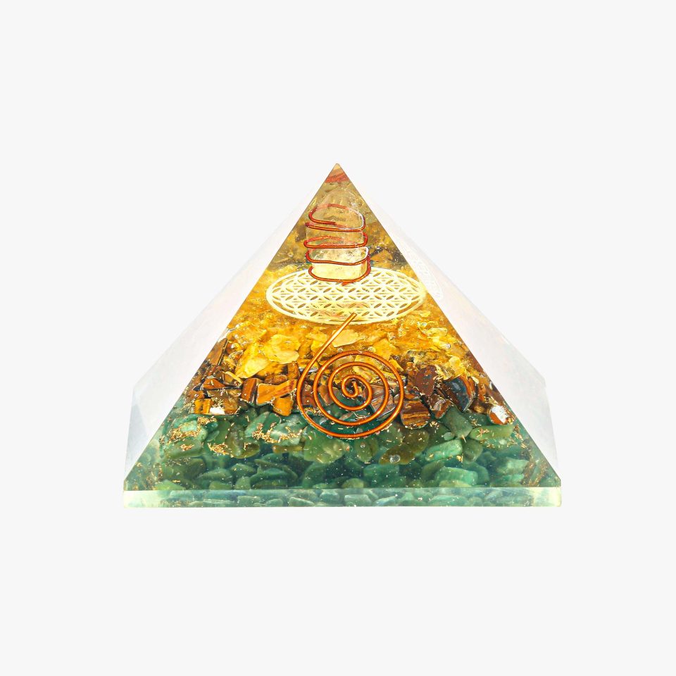 Natural Clear Quartz, Green Jade, Tiger Eye, and Citrine Crystal Orgone Pyramid