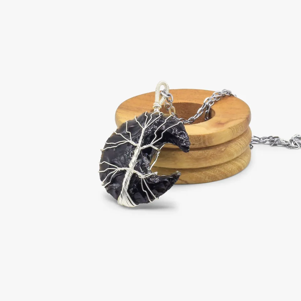 Black Tourmaline Crystal Wire Wrapped Moon Pendant
