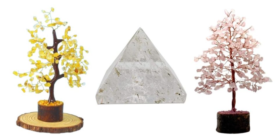 Citrine Crystal Tree for South-East Direction, Clear Quartz Pyramid for North-East Direction, Rose Quartz Crystal Tree for South-West Direction